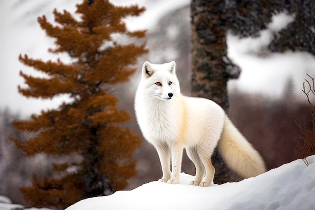 Beautiful young arctic fox stands in front of snowcovered hill with high trees