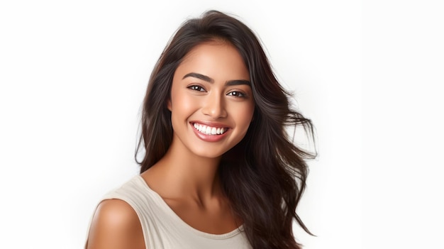 A beautiful young asian indian model woman smiling with clean teeth isolated