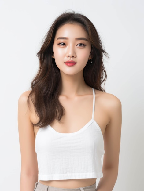 Beautiful young Asian model with white top in a white background