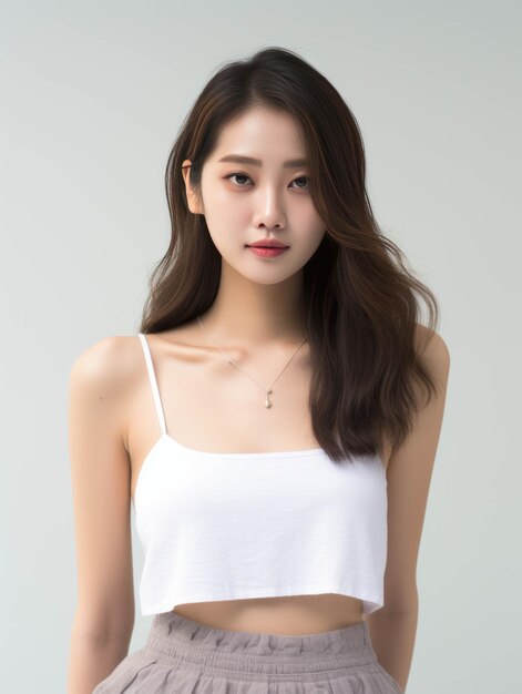 Beautiful young Asian model with white top in a white background