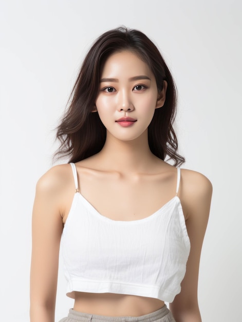 Beautiful young Asian model with white top in a white background