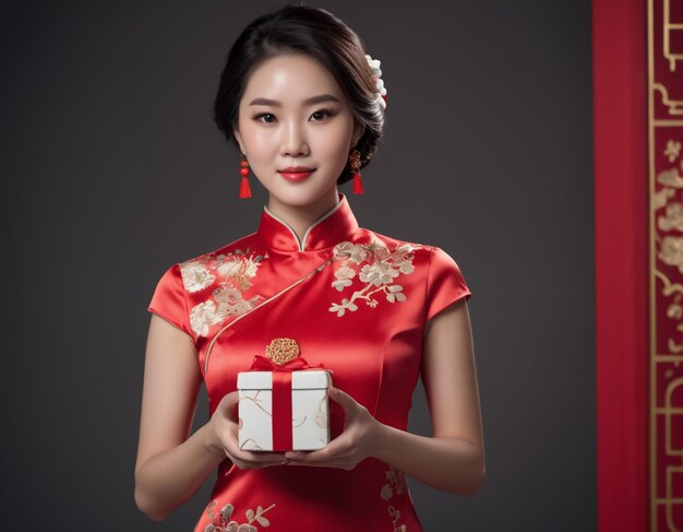 Прекрасная молодая азиатка в китайском традиционном платье Cheongsam qipao с коробкой Новый год Чи