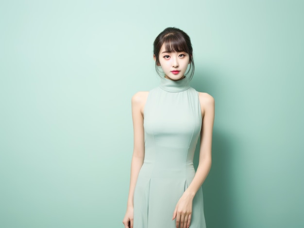 красивая молодая азиатка в платье, чтобы пойти на вечеринку, изолированная на светло-зеленом фоне