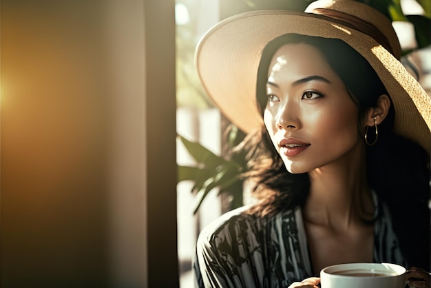 美しい若いアジア人女性が朝のコーヒーを飲み、窓の外を見て目覚めるアートイラスト Ai が生成