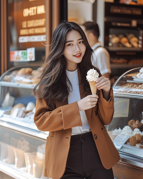 beautiful young asian woman eating ice cream in the bakery shop