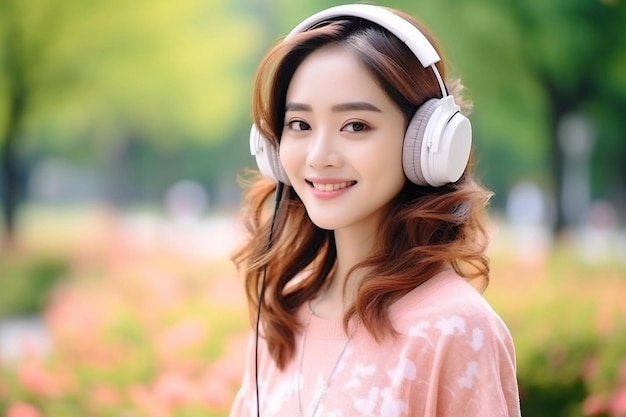 美しい若いアジア人女性が春夏の公園で音楽を楽しんでいます