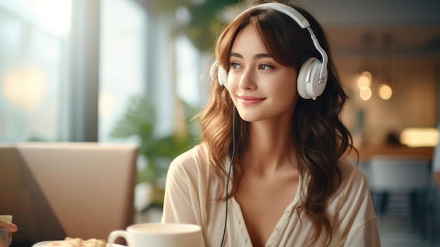 beautiful young Asian woman enjoying drinking coffee and listening to music with headphones at home