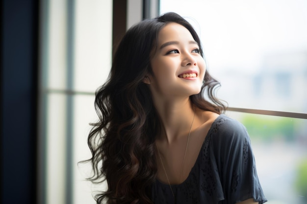 beautiful young asian woman looking out the window