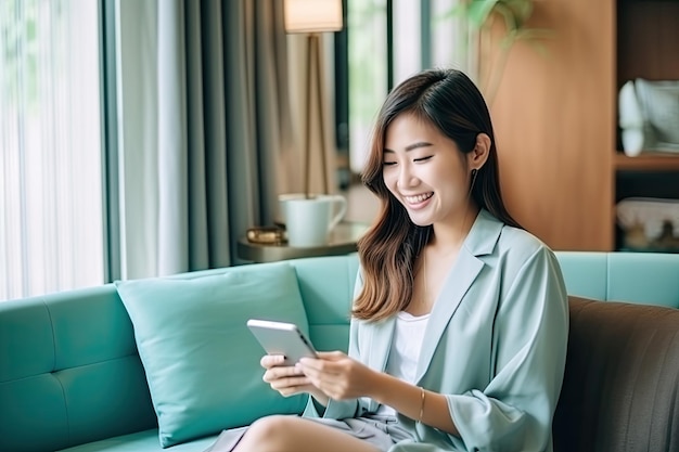 Beautiful young asian woman using laptop or smart mobile cell phone for shopping online on sofa