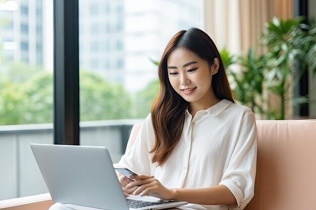 Beautiful young asian woman using laptop or smart mobile cell phone for shopping online on sofa