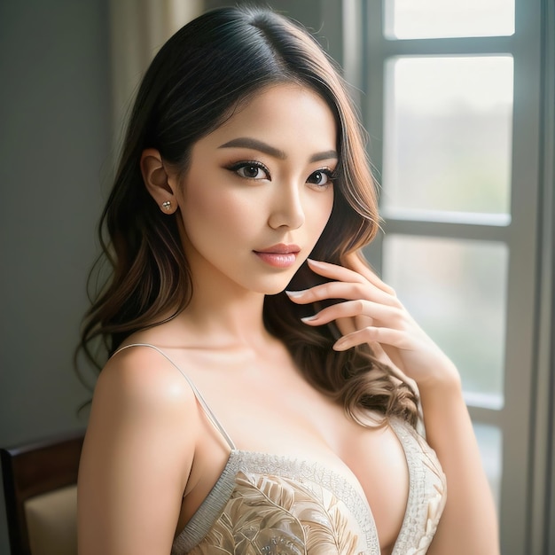 란제리 브래지어를 입고 아름다운 젊은 아시아 여성