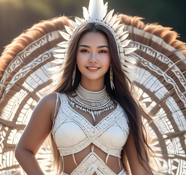 Foto bella giovane donna asiatica che indossa un costume nativo americano con piume