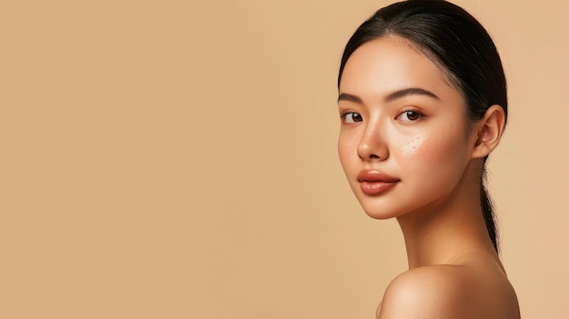 Photo beautiful young asian woman with clean fresh skin on beige background face care facial treatment cosmetology beauty and spa asian women portrait