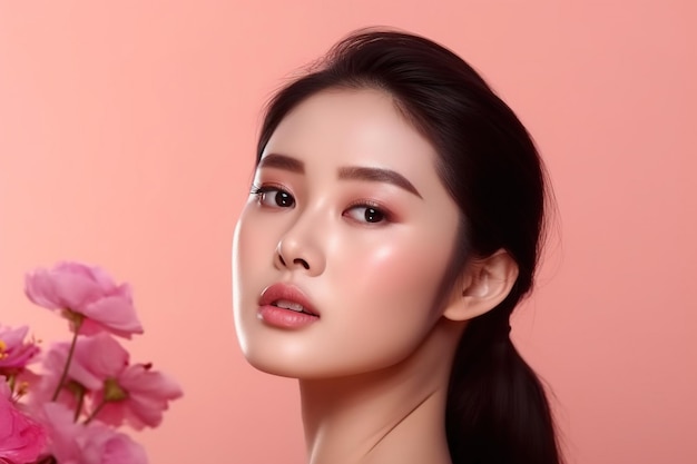 Beautiful young asian woman with clean fresh skin on pink background Face care Facial treatment C