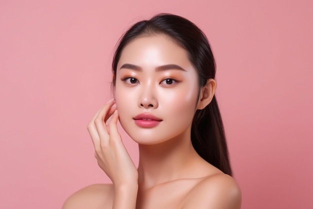 Beautiful young asian woman with clean fresh skin on pink background Face care Facial treatment C