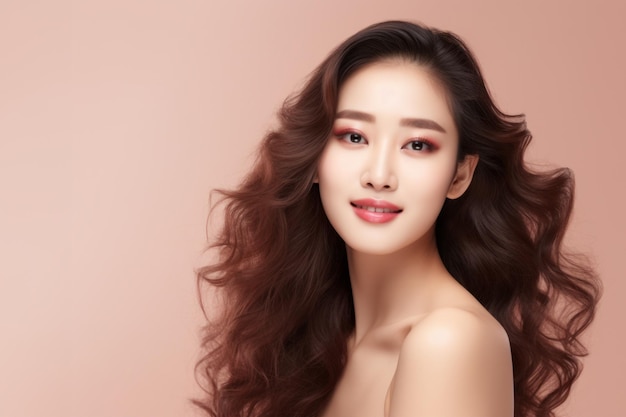 Beautiful young asian woman with clean fresh skin on pink background Face care Facial treatment Cosmetology beauty and spa Asian women portrait