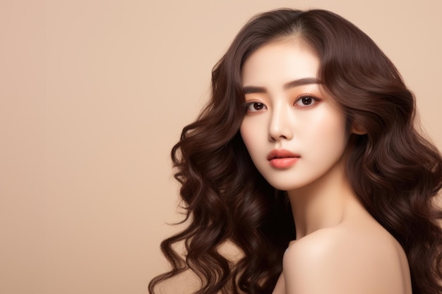 ピンクの背景に清潔で新鮮な肌を持つ美しい若いアジアの女性フェイスケアフェイシャルトリートメント美容美容とスパアジアの女性の肖像画人物はAI生成からの架空のものです
