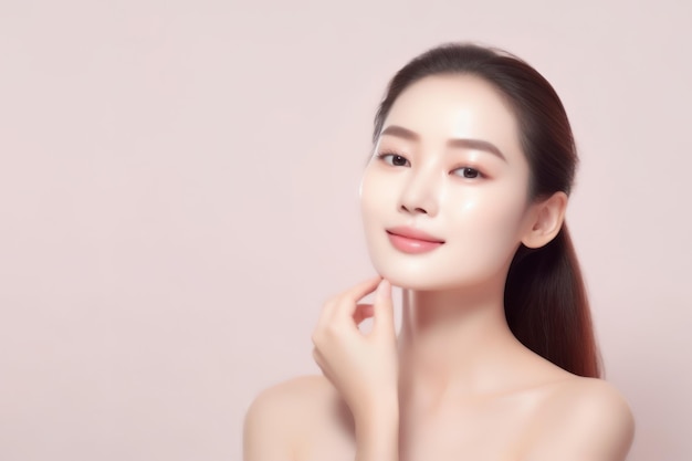 Beautiful young asian woman with clean fresh skin on pink background Face care Facial treatment Cosmetology beauty and spa Asian women portraitperson is fictitious from ai generate