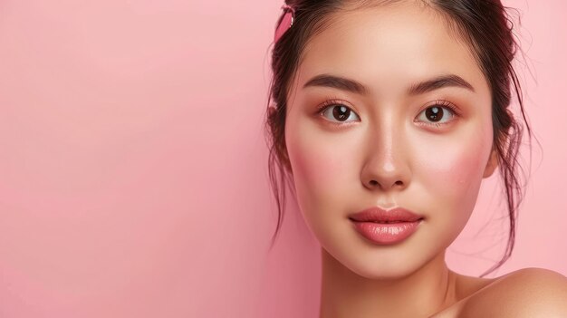 Beautiful young Asian woman with clean fresh skin on pink background Face care Facial treatment Cosmetology beauty and spa