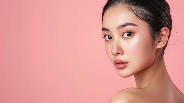 Beautiful young Asian woman with clean fresh skin on pink background Face care Facial treatment Cosmetology beauty and spa