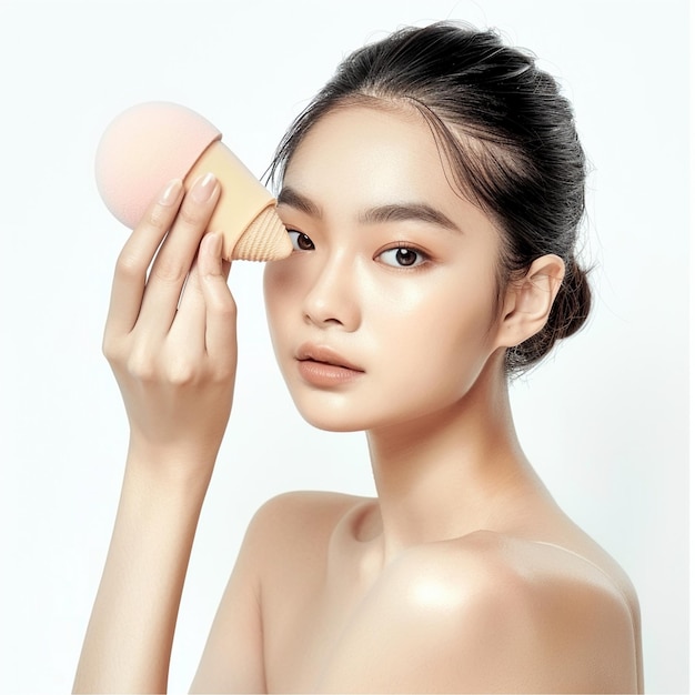 白い背景のきれいな新鮮な肌を持つ美しい若いアジア人女性 顔のケア 顔の治療