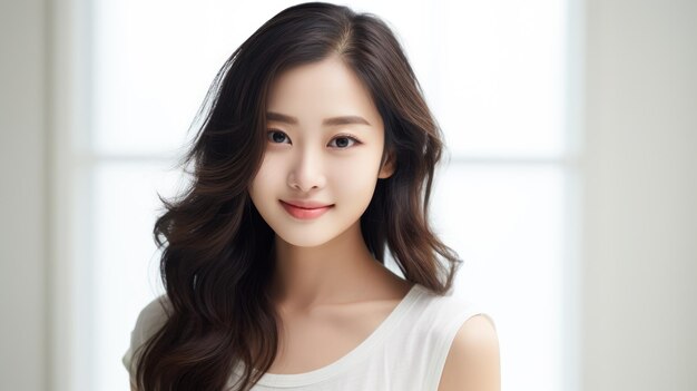 白い背景に清潔で新鮮な肌を持つ美しい若いアジアの女性フェイシャル ケア美化美容とスパ