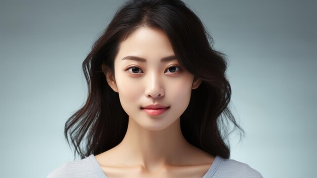 白い背景に清潔で新鮮な肌を持つ美しい若いアジアの女性フェイシャル ケア美化美容とスパ