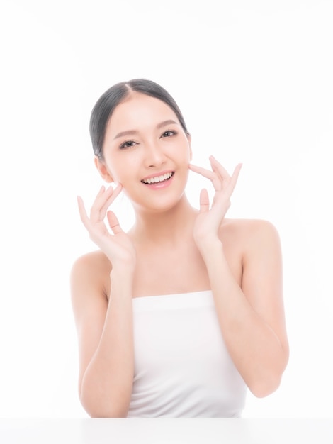 Beautiful young Asian woman with clean skin , Fresh skin , isolated on white background with copy space - Facial treatment , Cosmetology , beauty and spa concept