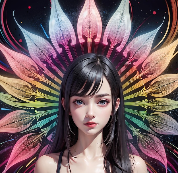 a beautiful young Asian woman with a psychedelic background behind her