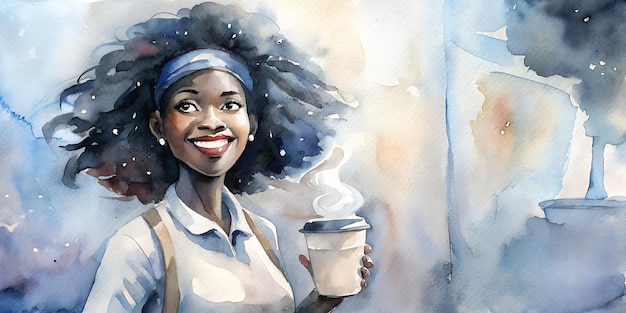 美しい若い黒人少女がショッピングモールでコーヒーを運んでいます