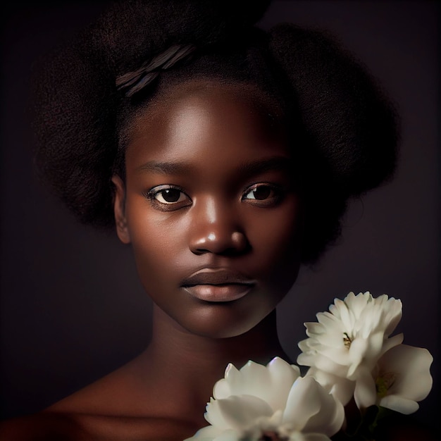 Beautiful young black woman portrait flowers created by Generative AI technology