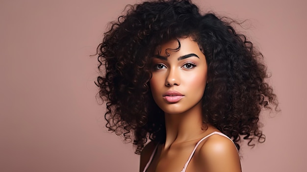 Beautiful young black woman posing on a light pink studio background with room for text