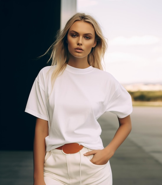 Beautiful Young Blond girl at the beach wearing a blank white tshirt mockup for teeshirt oversized