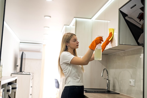 Beautiful young blonde girl in special gloves performs general cleaning in her kitchen. Cleaning concept. The concept of purity
