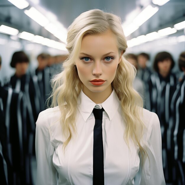 Photo beautiful young blonde girl in white shirt and black tie posing