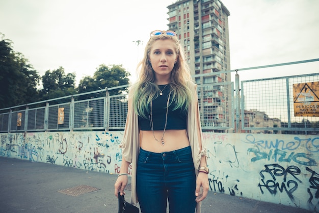 beautiful young blonde hair woman hipster