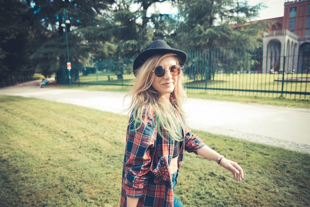 beautiful young blonde hair woman hipster