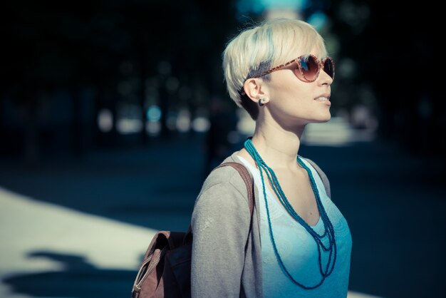 beautiful young blonde short hair hipster woman