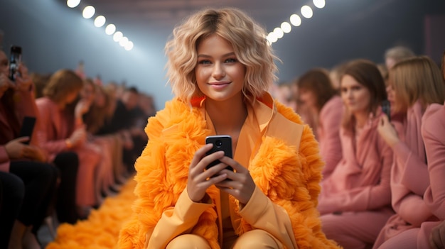 beautiful young blonde woman in a stylish dress with a smartphone in her hands