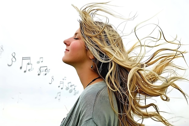 Foto bella giovane donna bionda con note musicali su sfondo bianco