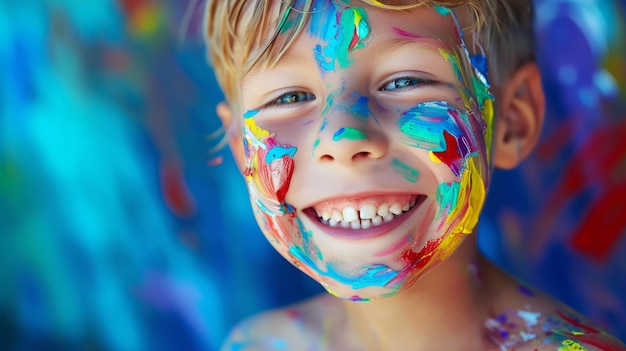 Beautiful young boy covered in colorful paint smiling