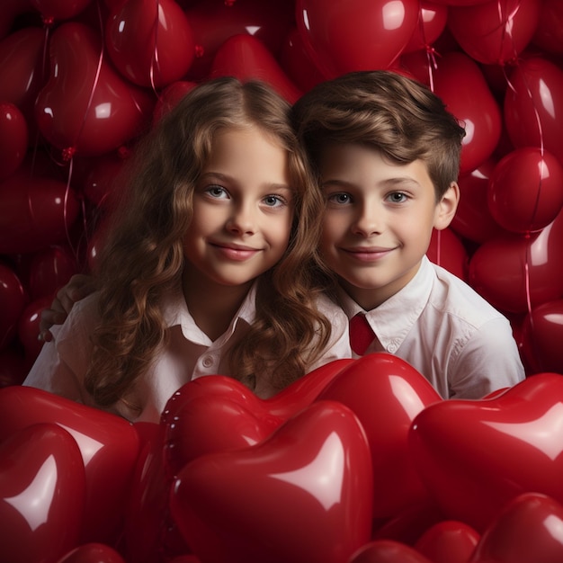 A beautiful young boy and girl surrounded by red heart balloons valentine day real special day