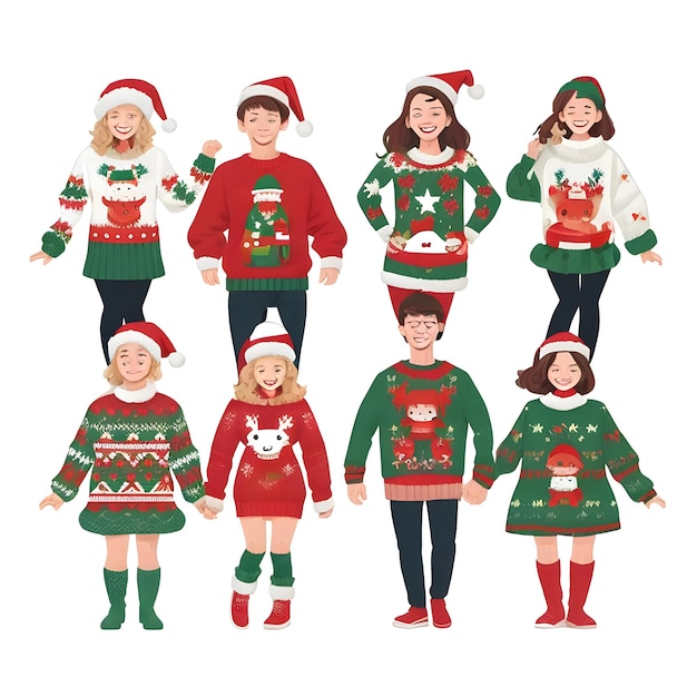 Photo beautiful young boy and girls illustration wearing ugly merry christmas sweaters ai generate image