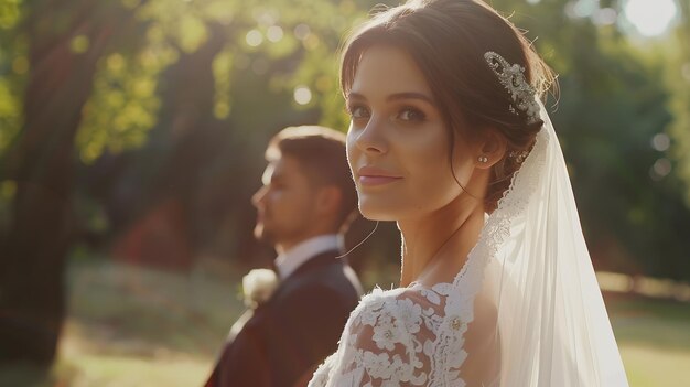 Photo a beautiful young bride in a summer park stands in front of her groom selective focu generative ai