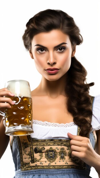 Foto bella giovane ragazza castana in dirndl beve