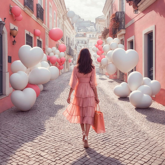 Beautiful young brunette woman in pink dress walking on the street with heart shaped balloons