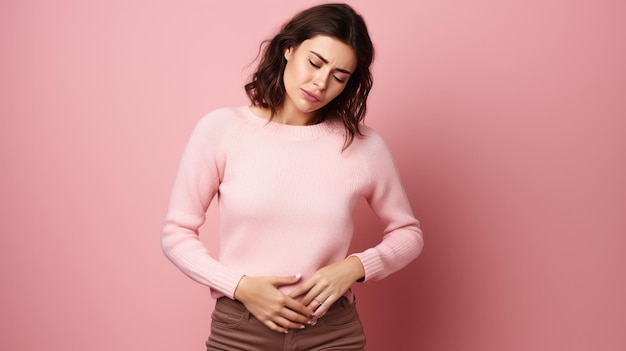 beautiful young brunette woman wearing sweater suffers from stomachache isolated on pink background