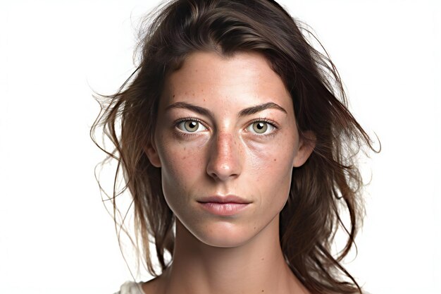 Photo beautiful young brunette woman with freckles on her face