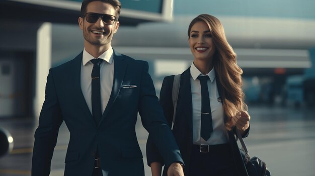 Photo beautiful young business couple is going to the airport they are holding suitcases and smiling