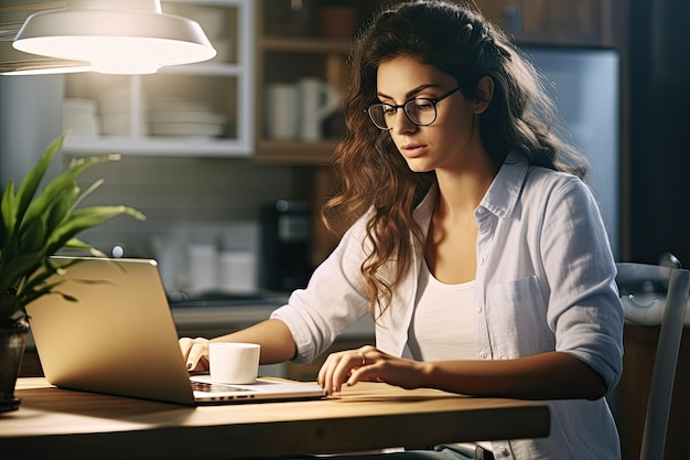 Beautiful young businesswoman in eyeglasses using laptop while working in office young woman teleworking with laptop at home AI Generated